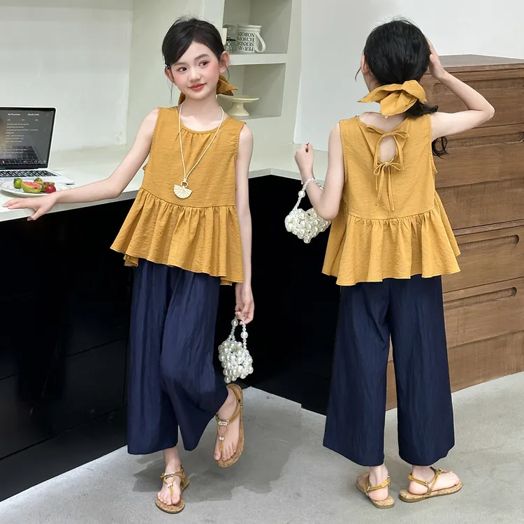 女童夏季韩系套装2025新款儿童6-12岁背心中大童薄款休闲阔腿裤潮