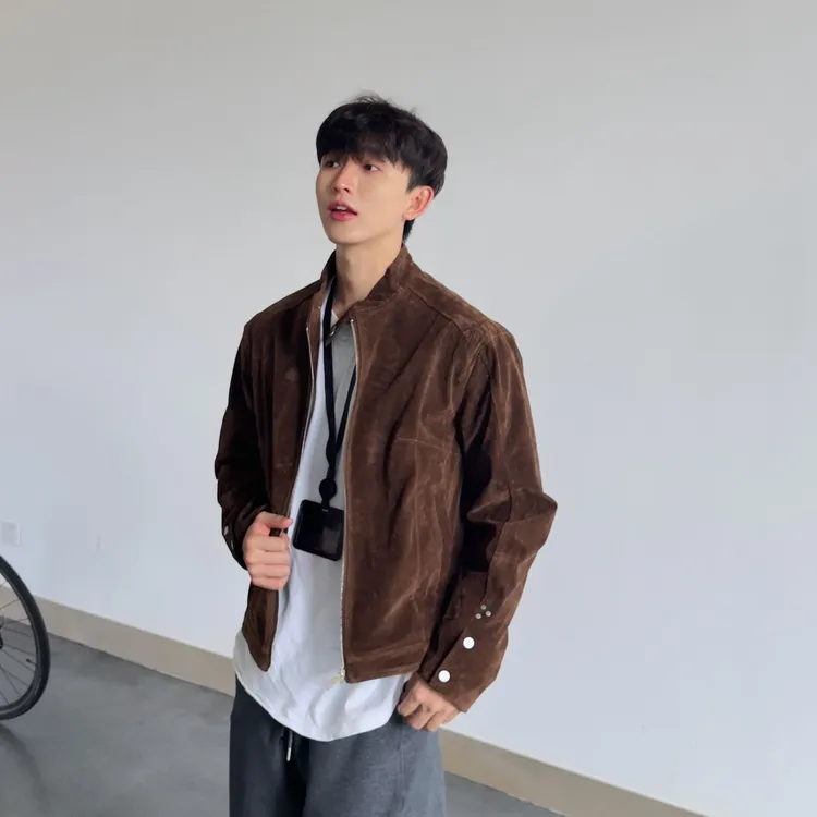 【李阿壹专属】秋季新款摩登年代复古绒皮工艺立领哈灵顿夹克外套