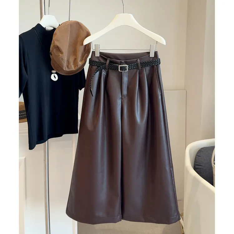 美拉德风高级感pu皮高腰八分休闲裤女秋冬季设计感宽松阔腿裤子潮