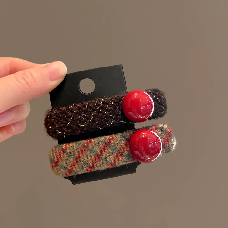 高级感灰色毛毛发夹红珠子侧边夹发饰秋冬新品碎发刘海夹一字bb夹