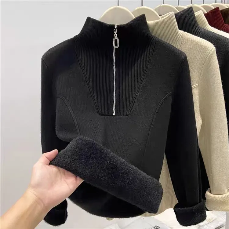 高级感一体绒保暖打底衫女秋冬半拉链内搭上衣气质加厚保暖针织衫