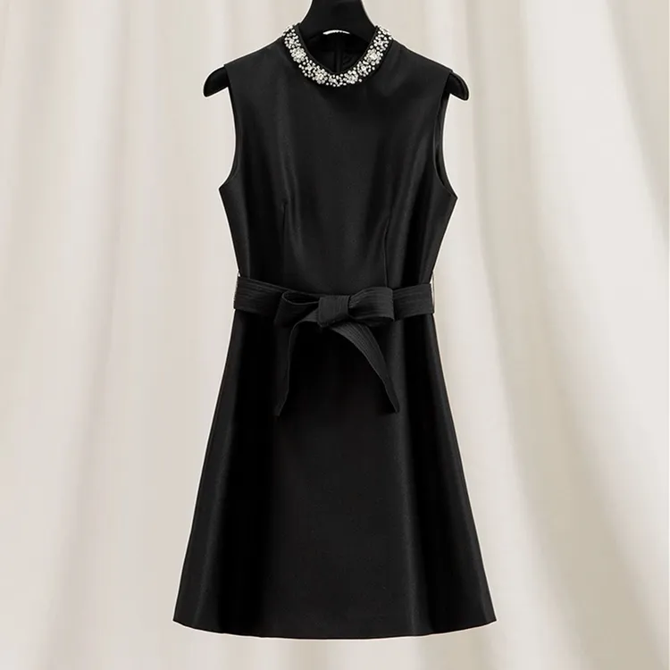 法式轻奢重工钉钻缎面连衣裙气质背心裙28558