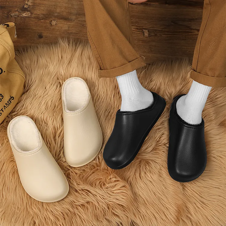 酷路直防水防滑男厚底毛绒保暖室内家居棉拖鞋男女冬季新款包头