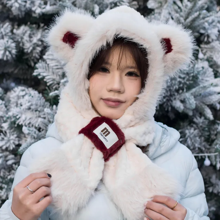 可爱款小熊耳朵秋冬新款帽子围巾一体帽加厚保暖防风套头帽护耳帽