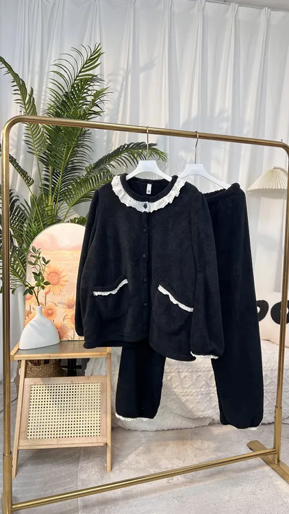 初初家大码秋冬可外穿家居服女士娃娃领套装韩系加绒保暖毛毛睡衣