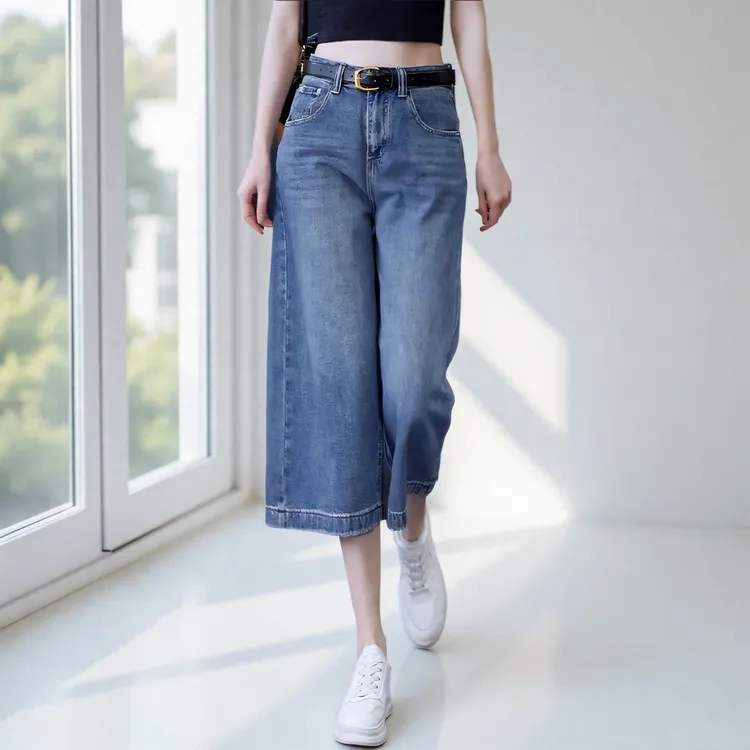 2025年新款时尚港风复古高腰显瘦牛仔裤女夏季宽松百搭七分阔腿裤