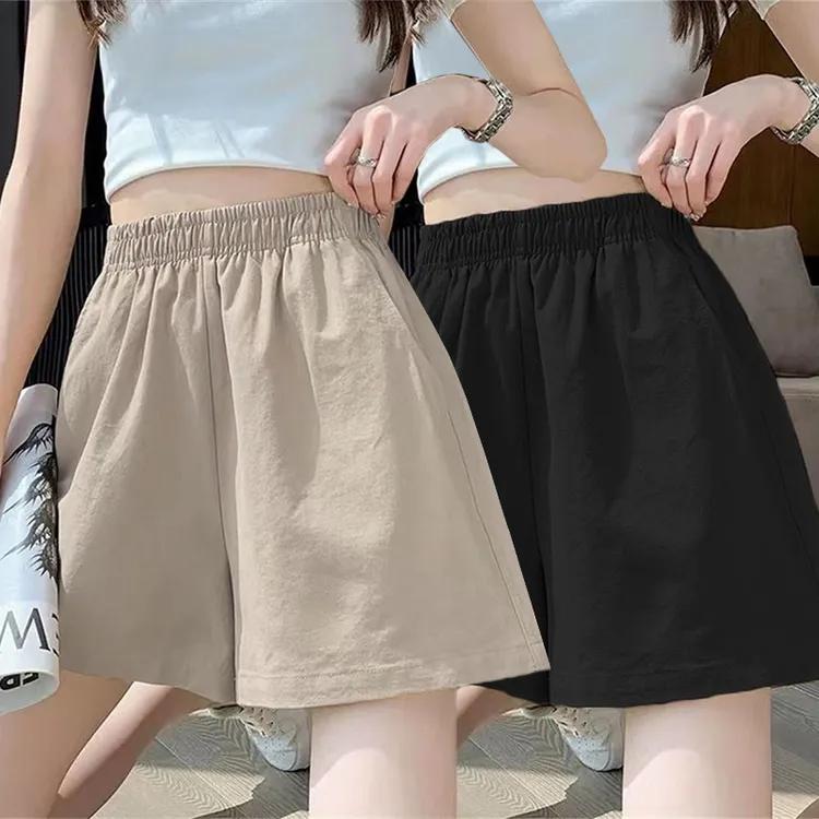 简约黑色工装短裤女夏季冰丝宽松小个子阔腿中裤休闲运动三分裤子
