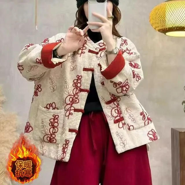 国风亚麻提花线绣夹棉保暖棉服女2025秋冬新款复古文艺宽松显瘦款