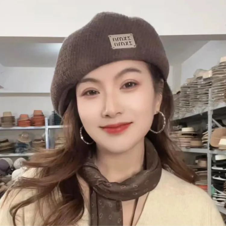 帽子无檐秋冬复古港风百搭贝雷帽米色绒帽圆顶针织时尚女士羊绒