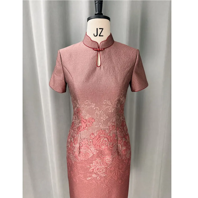 【桃花吟】粉色旗袍礼服妈妈装喜婆婆晚礼服高贵短款舒适气质时尚