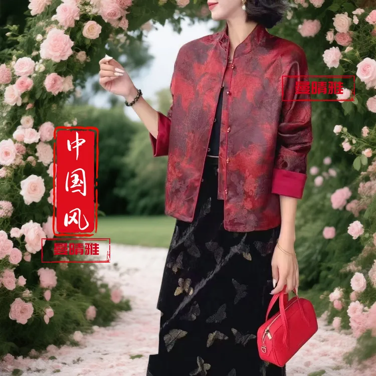 桑蚕丝丝缎唐装宽松型女通勤落肩袖短外套中式外套印花双面复古