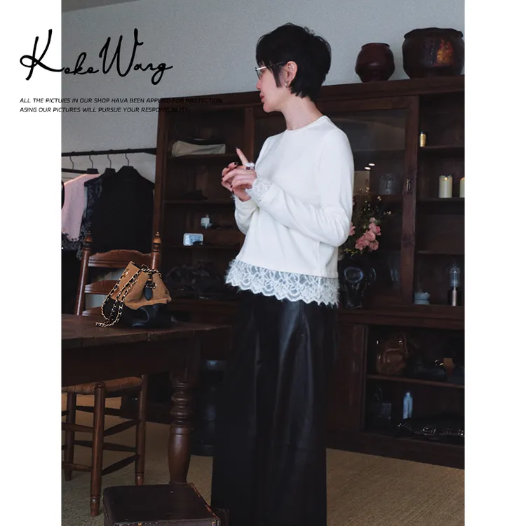 KOKO WANG【舒芙蕾】秋冬蕾丝拼接花边层次感长袖T恤N2885J22T41
