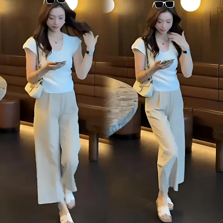 时尚套装女收腰夏季新款小个子减龄洋气T恤上衣休闲九分裤两件套