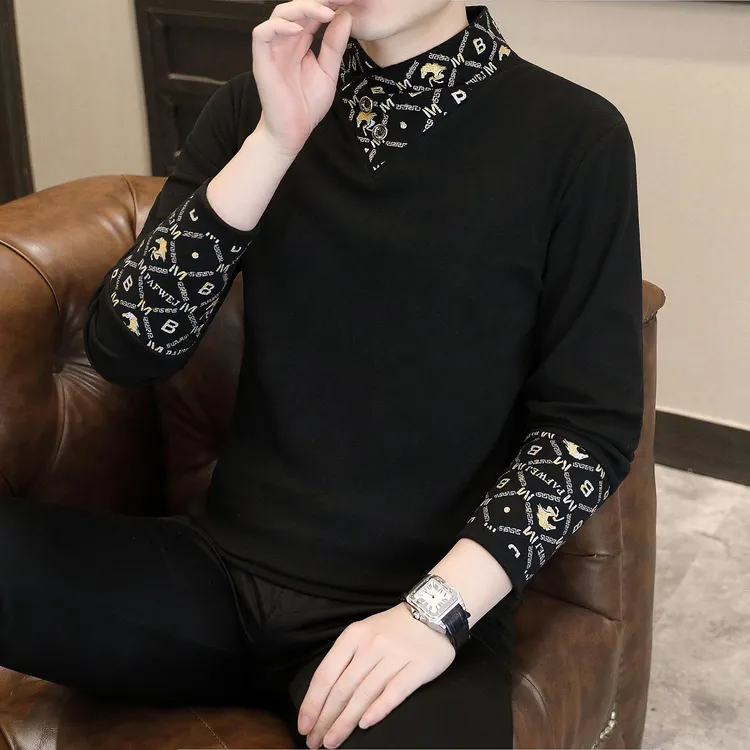 秋冬季男士长袖百搭气质围巾领打底衫德绒保暖长袖厚款休闲卫衣潮