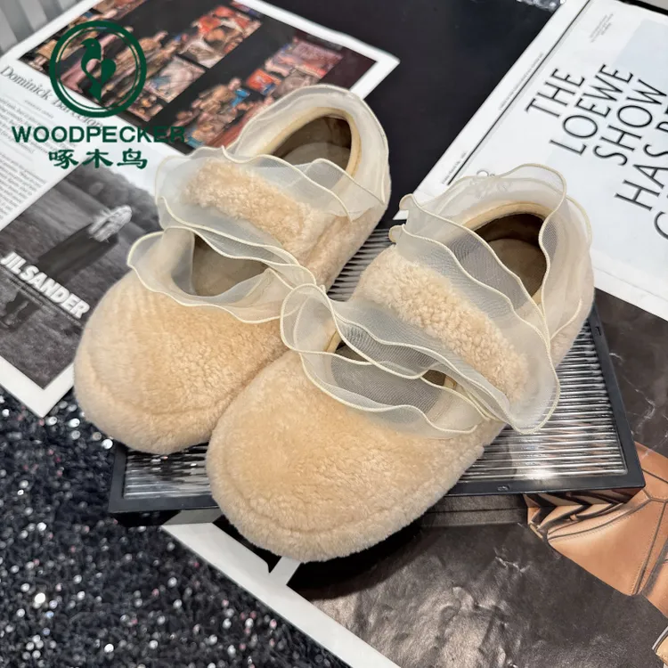 啄木鸟羊羔绒毛毛鞋女外穿平底豆豆鞋芭蕾舞玛丽珍鞋秋冬加绒棉鞋