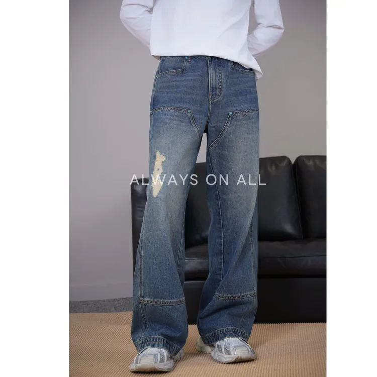 ALWAYSONALL·秋季新款马户绿松石直筒微阔休闲时尚牛仔裤AOA25020
