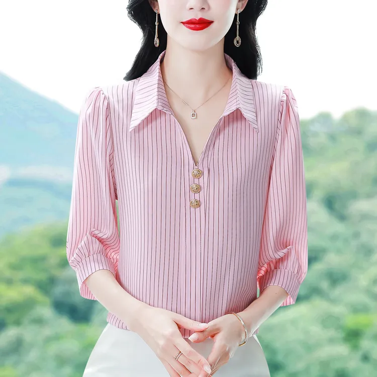 时尚七分袖雪纺衬衫女夏装新款百搭气质休闲衬衣洋气减龄妈妈上衣