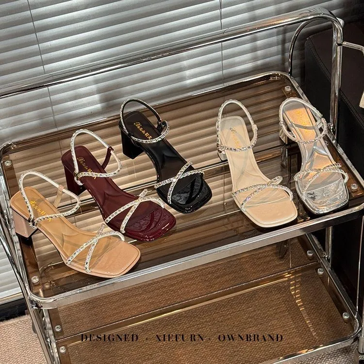 韩版夏季方头水钻粗跟露趾高跟凉鞋2025新款两穿罗马凉鞋