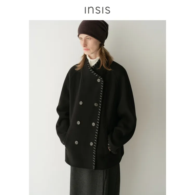 INSIS FEMME双面羊毛羊绒皮绳袢包边双排扣短款大衣女FN24413020
