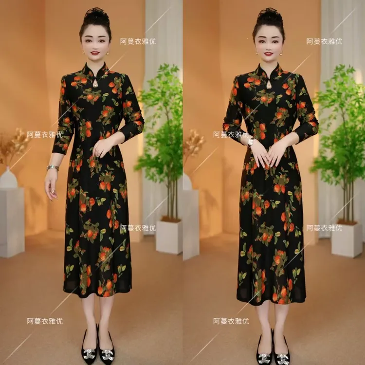 【衣雅严选】8227-2286#新中式长袖弹力缎侧开衩水滴领旗袍连衣裙