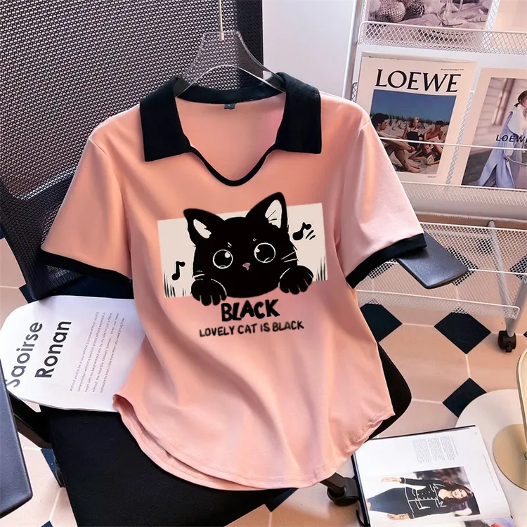 POLO衫  港风印花百搭夏季休闲夏装韩版收腰小众翻领短袖上衣女款