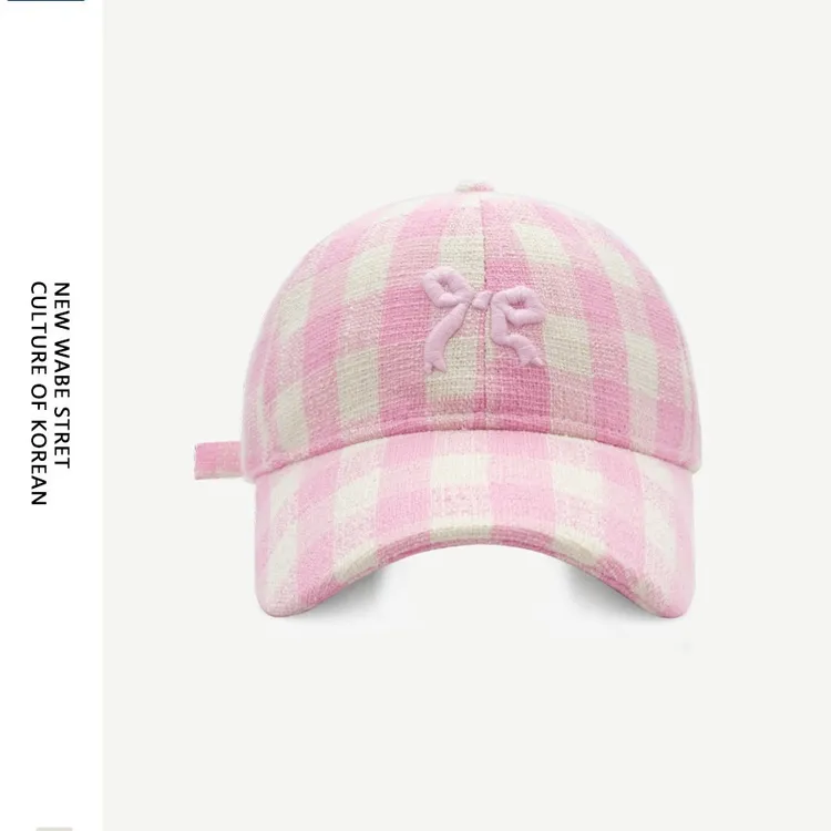 帽子女原创百搭甜美蝴蝶结刺绣棒球帽春夏季韩版格子鸭舌帽显脸小