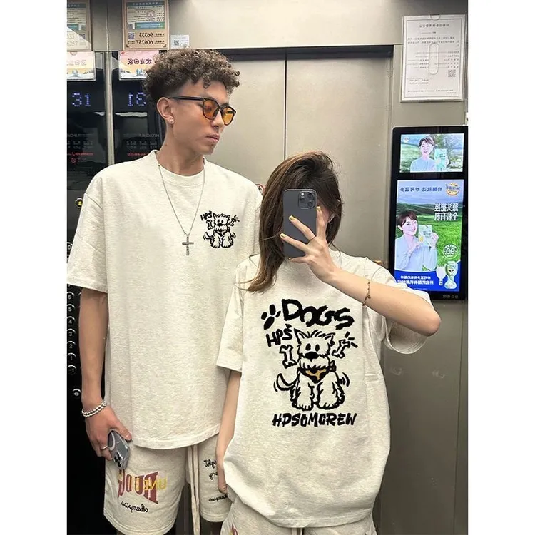 美式高街风格2025新款潦草小狗情侣装夏季宽松印花T恤小众上衣