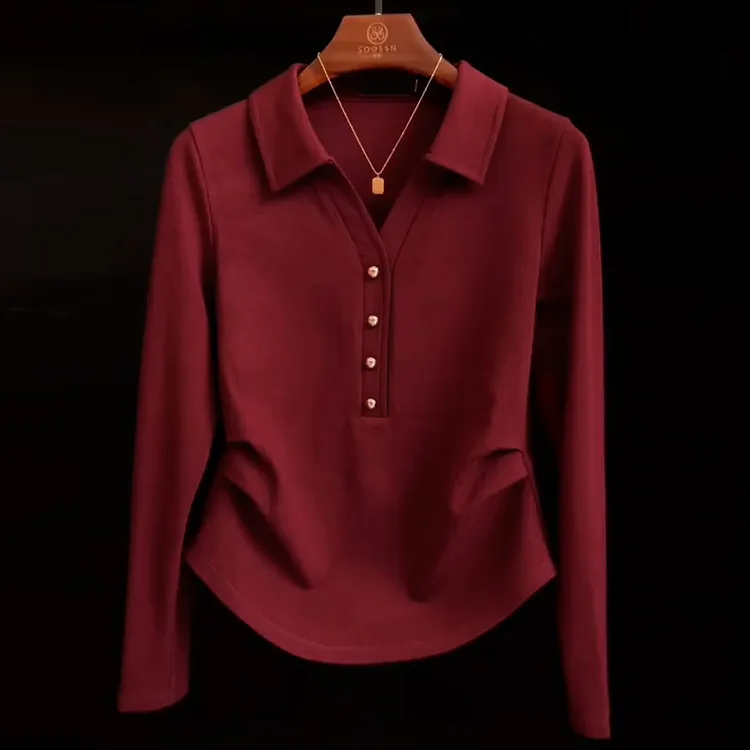 时尚复古翻领长袖T恤女2025年秋季新款设计感收腰减龄打底上衣潮