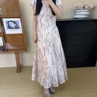 法式短袖v领紫色碎花连衣裙子女夏季2025新款收腰显瘦长裙5863