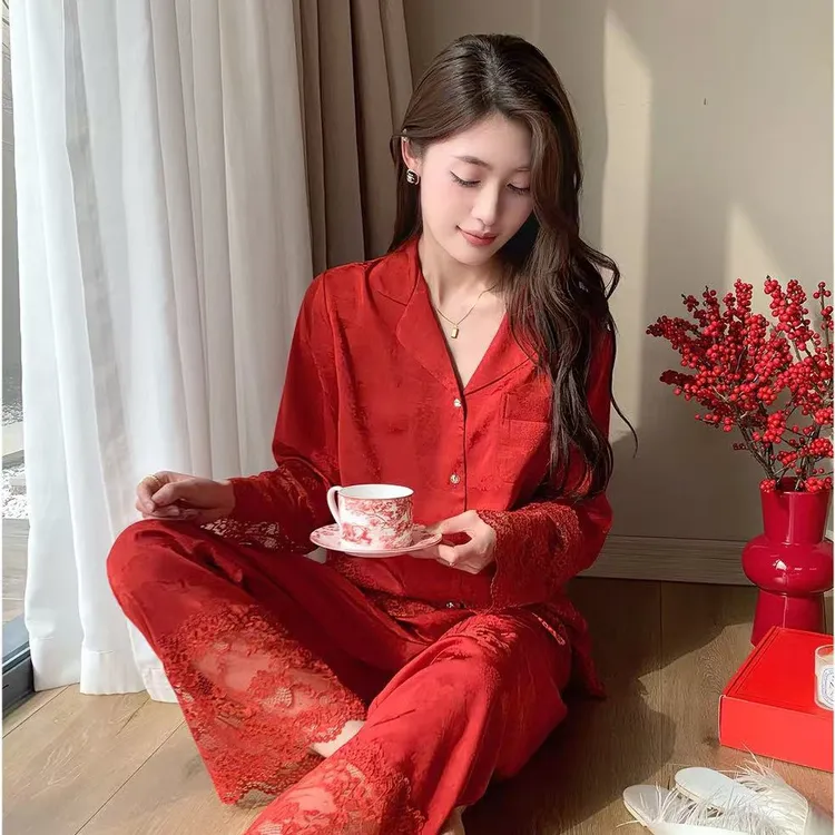 春秋季红色情侣睡衣套装轻奢高级家居服