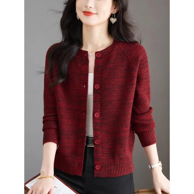 新款春秋开衫圆领宽松洋气妈妈装针织外搭花纱毛衣外套女士上衣厚