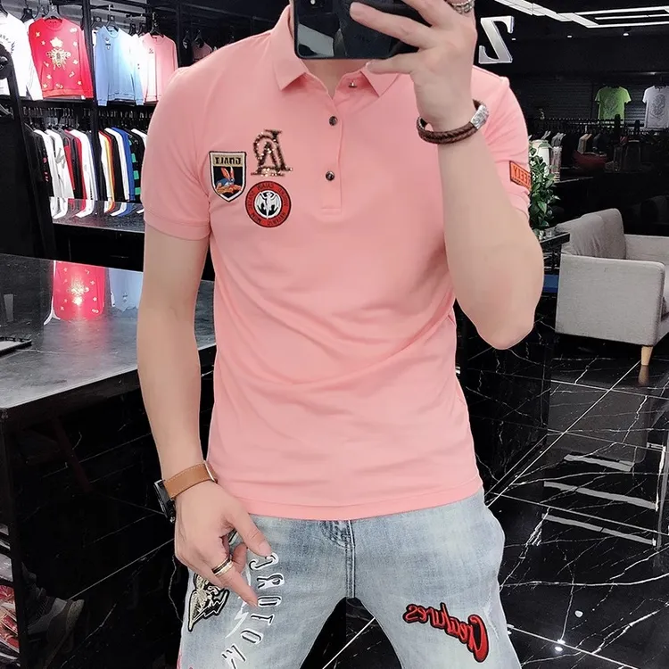 夏季男士短袖polo衫潮牌修身亮片刺绣欧货翻领t恤半截袖高端男装