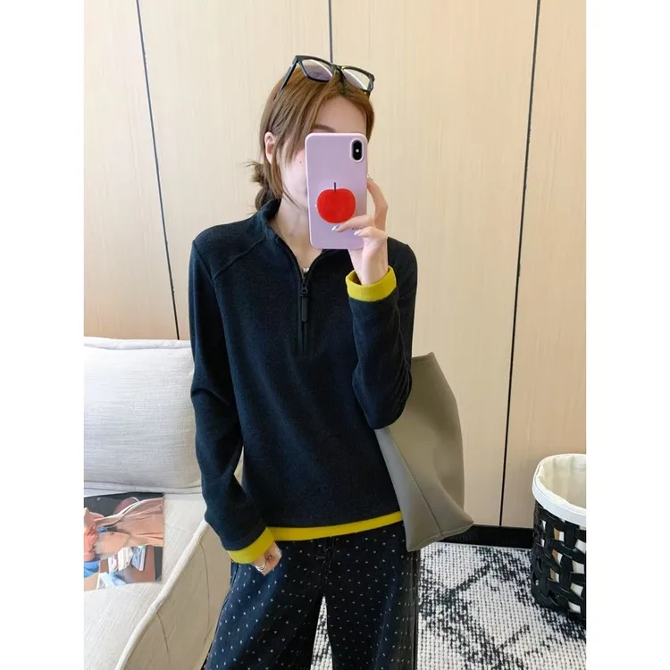 正品~秋冬磨毛远红外发热保暖半拉链女款拼色长袖显瘦德绒打底衫