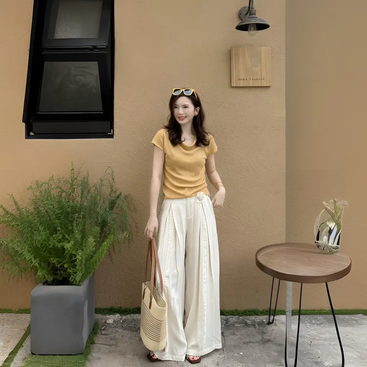 2025夏季新款法式修身短袖上衣搭高腰阔腿裤套装显瘦日常百搭