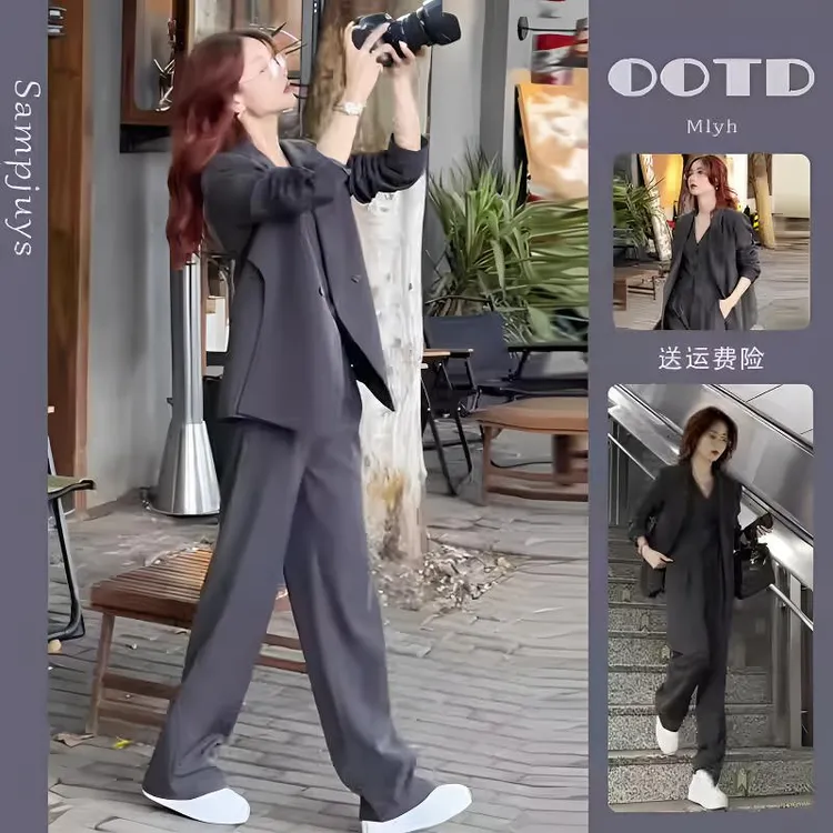 大码宽松职业西装套装女春胖mm炸街时尚气质小众干练西服两件套
