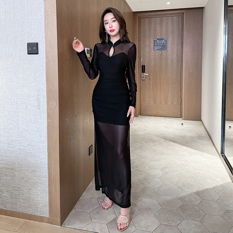 2025秋冬新中式网纱性感连衣裙女改良旗袍显瘦包臀裙后妈纯欲长裙