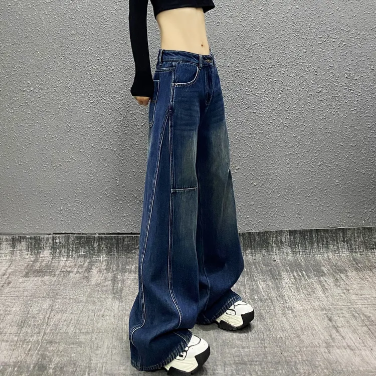 个性侧边拼接水洗复古牛仔裤女秋新款高腰宽松显瘦百搭直筒阔腿裤