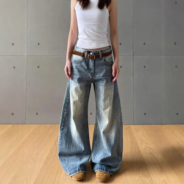 美式高街cleanfit竹节做旧弯刀牛仔裤女春秋直筒微喇廓形长裤子