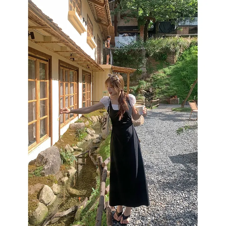 夏季新款拼接裙子女气质设计感黑色长短款休闲连衣裙Z 9001#