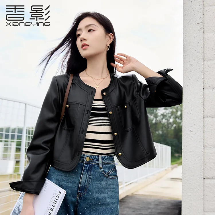 香影黑色短款圆领皮衣女2025春装新款显瘦小个子酷飒风机车pu外套