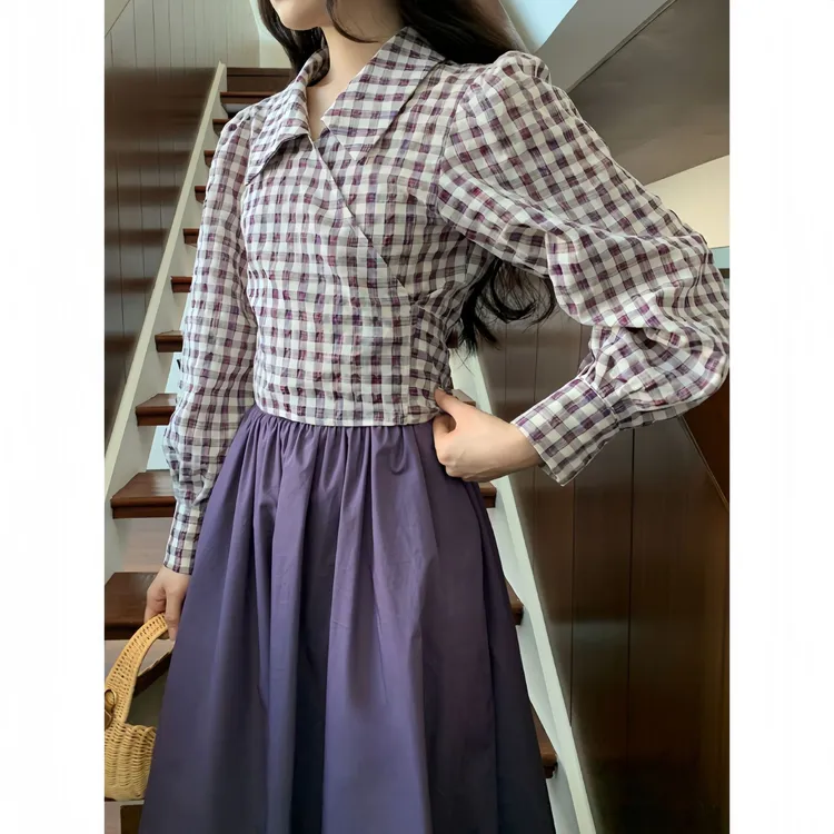 2025早春法式复古泡泡袖绑带收腰格子衬衣女小衫  H25C
