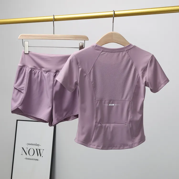 后口袋运动套装女夏2025新款户外专业跑步健身t恤网红瑜伽服套装