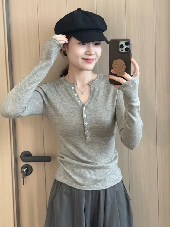 灰色修身设计感打底内搭长袖T恤女2025新款巨好看的秋季穿搭上衣