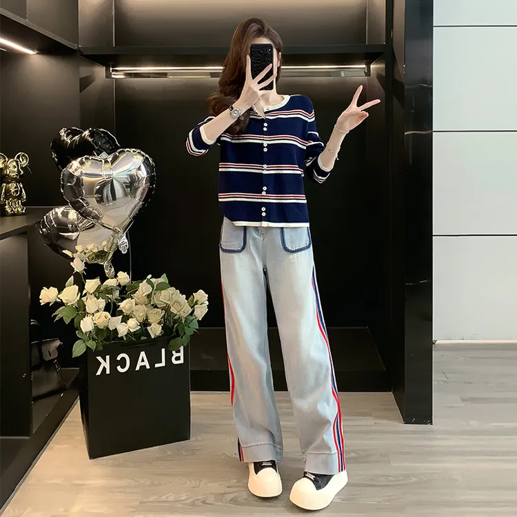 休闲套装女秋季美式复古新款设计感长袖条纹针织衫牛仔裤两件套潮