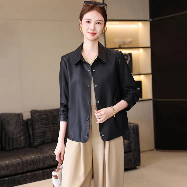 卡若维娅进口真皮皮衣外套女黑色绵羊皮休闲单皮夹克2025秋冬上衣