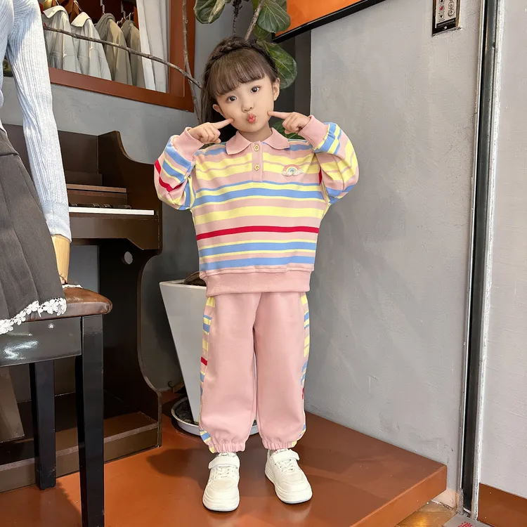 2025春装春秋新款套装儿童彩虹上衣女童休闲宝宝洋气两件套