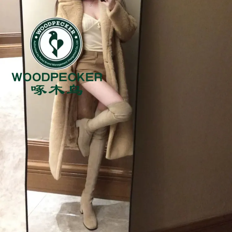 啄木鸟卡其色方头弹力瘦瘦靴秋冬加绒中跟过膝长靴女高筒靴长筒靴