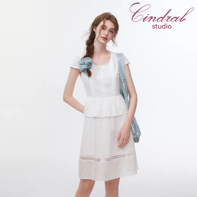 【熙地】圆领长款蝴蝶刺绣套头裙子短袖夏季蕾丝连衣裙 C85XD0372W