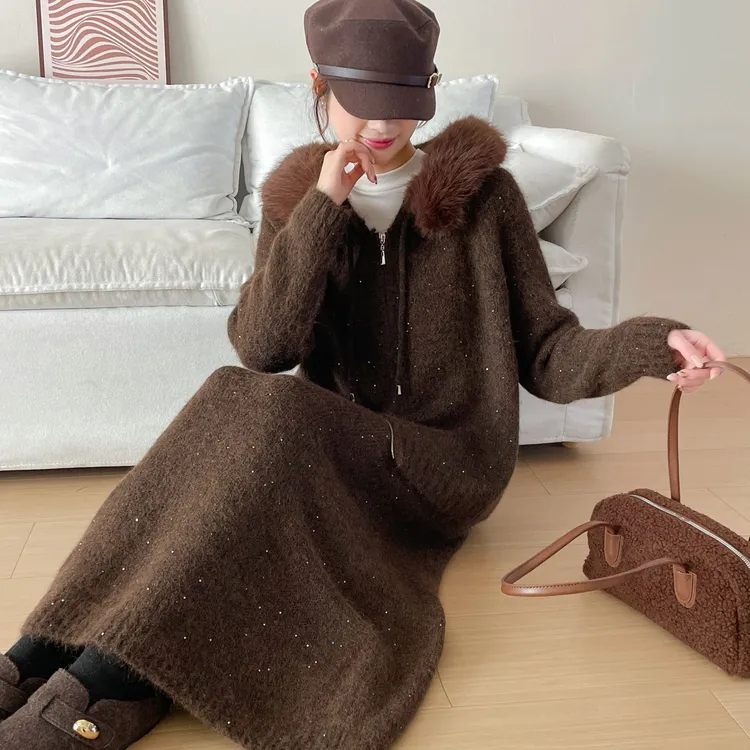 时尚套装设计师连帽百搭女装长款毛衫上衣时尚秋冬两件套针织冬季