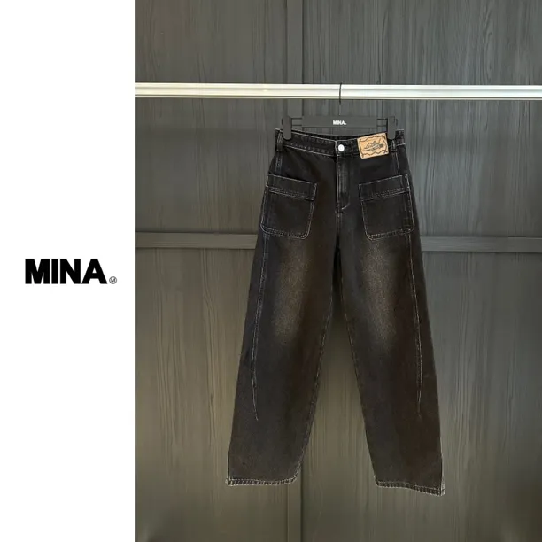 【MINA】黑色双包高腰牛仔裤设计感时尚